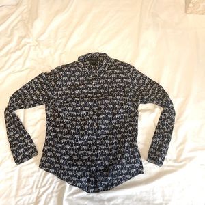 J. Crew Sz 12, blue and green elephant pattern button down shirt, cotton, work